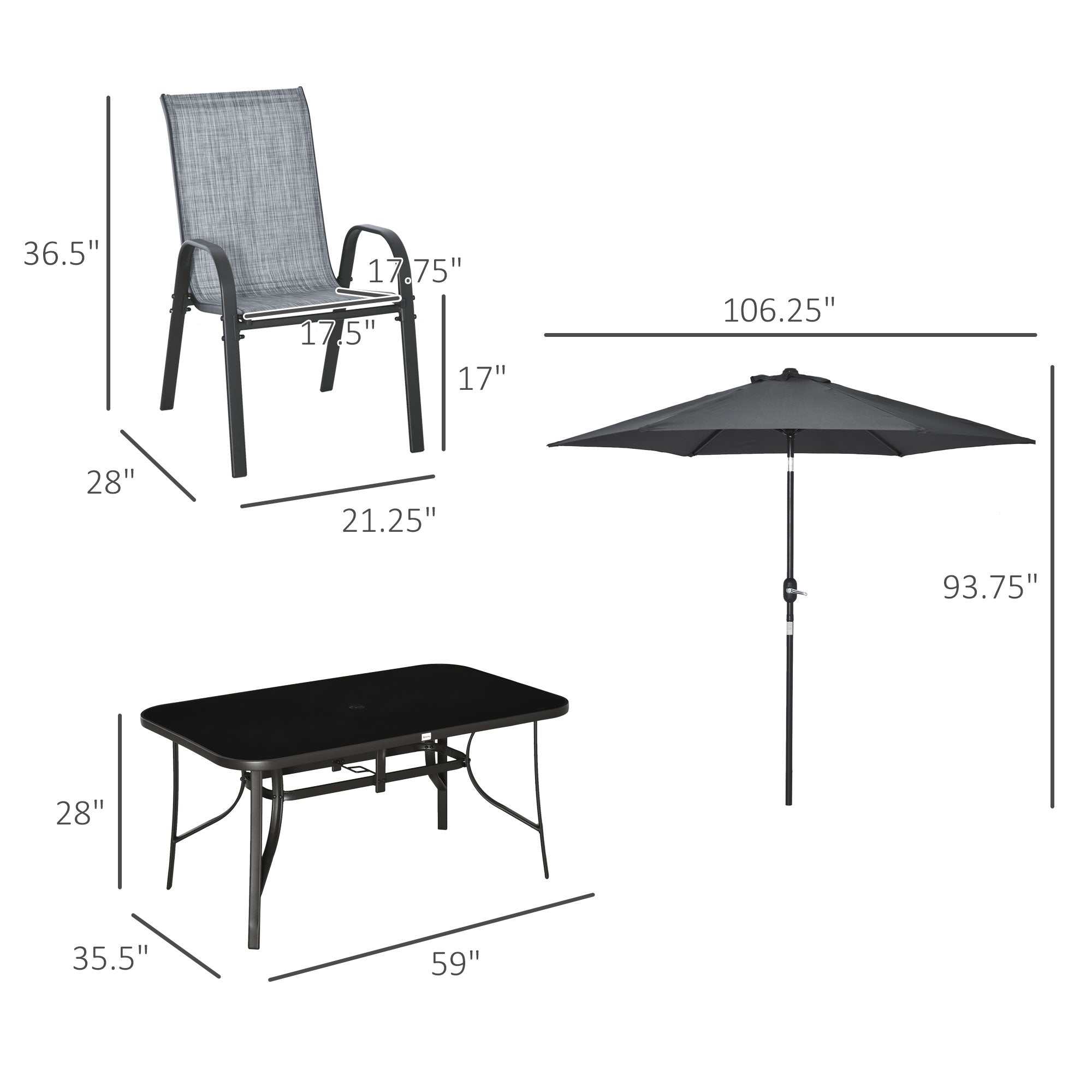 8-piece gray patio furniture set with 6 chairs, tempered glass table, and 9ft adjustable umbrella for outdoor dining