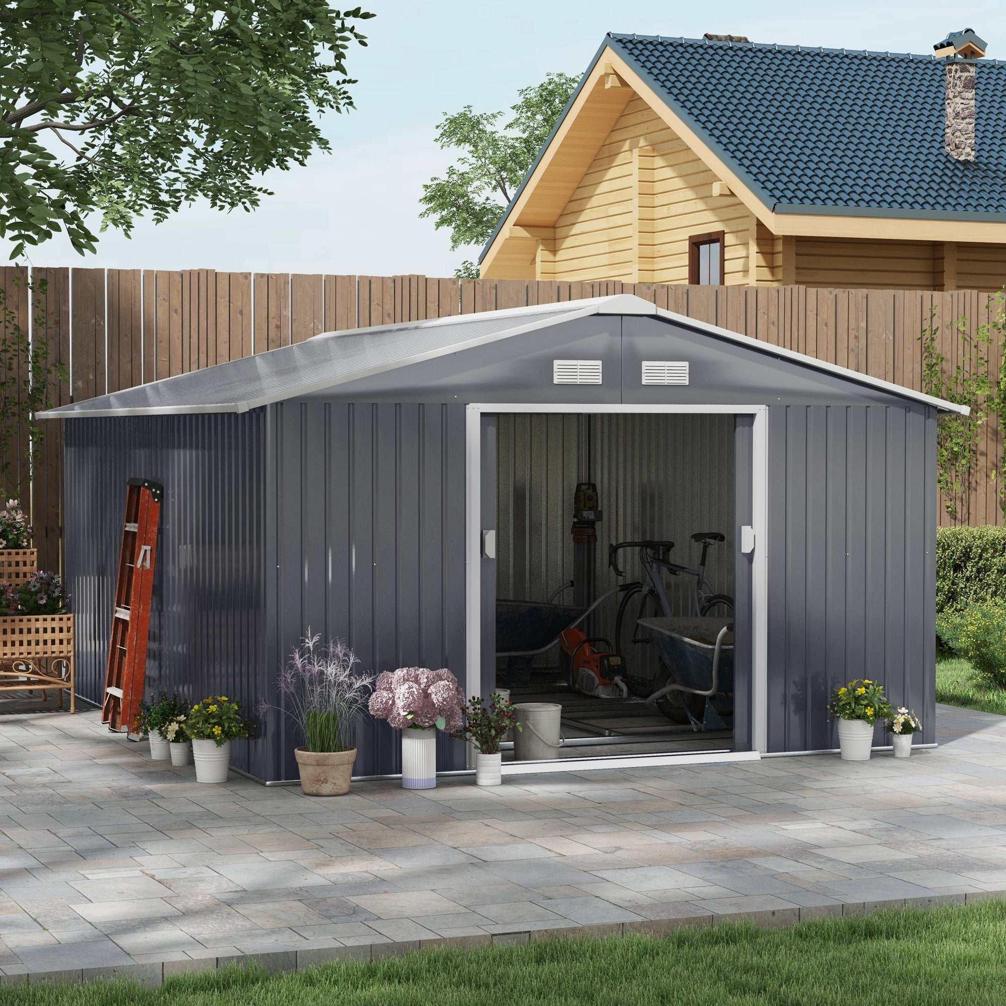 11' x 13' dark gray galvanized steel garden metal shed with double locking doors and ventilation for outdoor storage