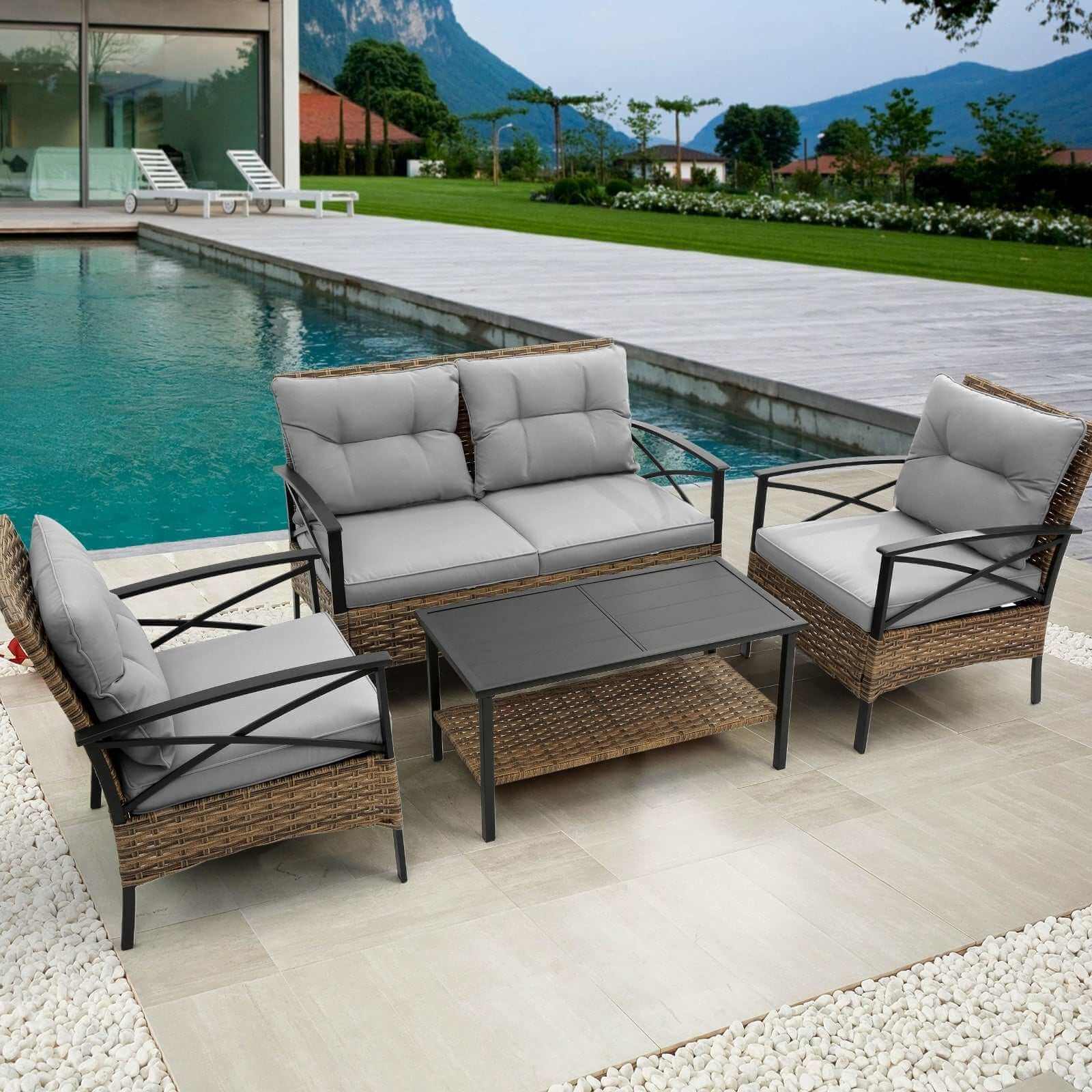 Patio 4Piece Sectional Sofa Set   KD Rattan Wicker Outdoor Garden Furniture Backyard Brillance