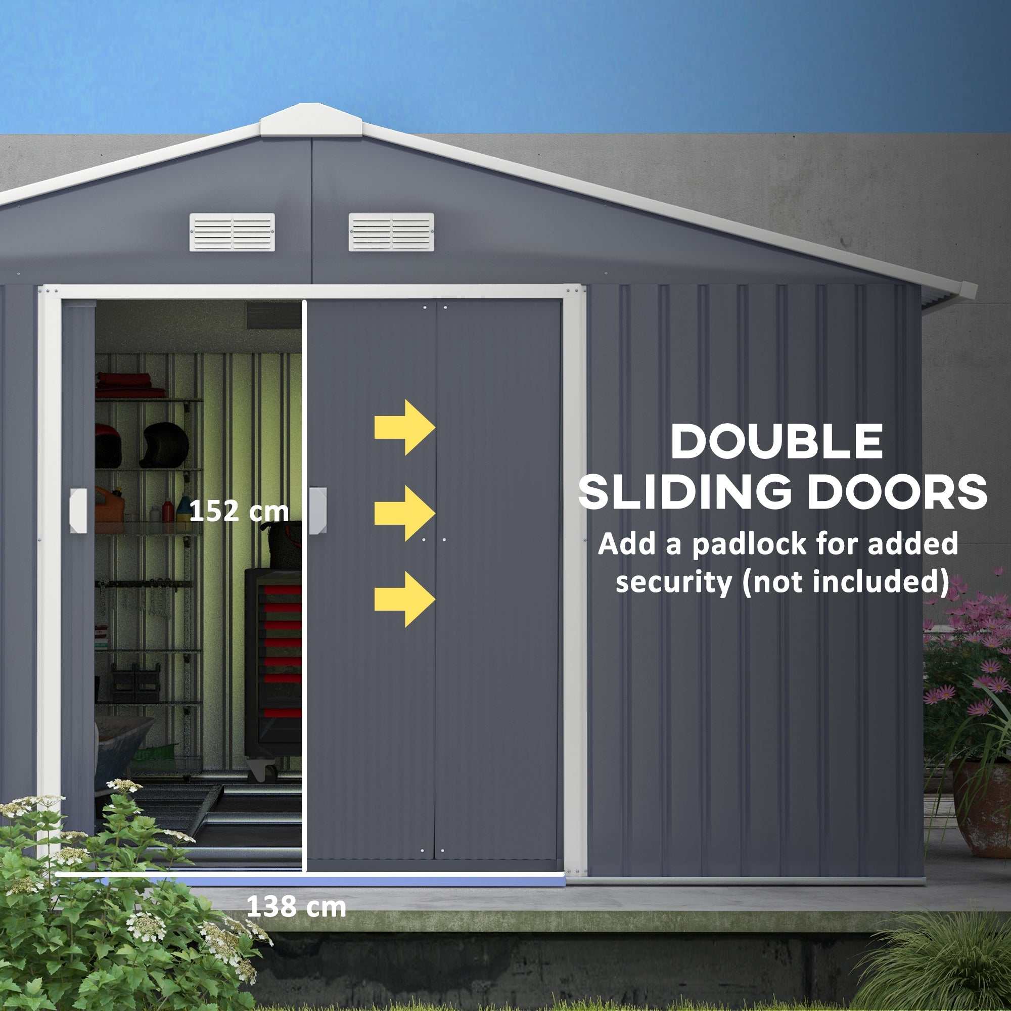 11' x 13' dark gray galvanized steel garden metal shed with double locking doors and ventilation for outdoor storage