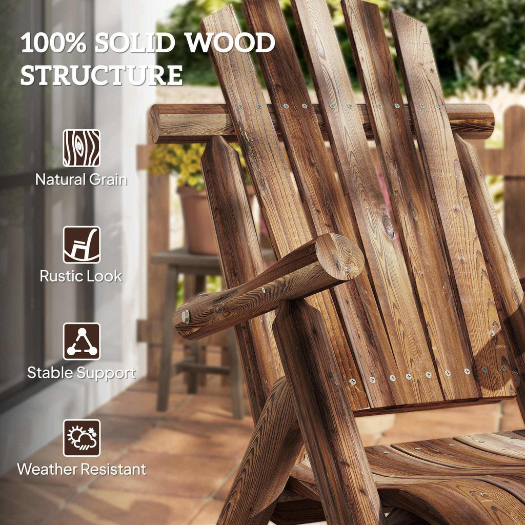 Carbonized fir wood outdoor wooden rocking chair with rustic Adirondack design and slatted seat and backrest