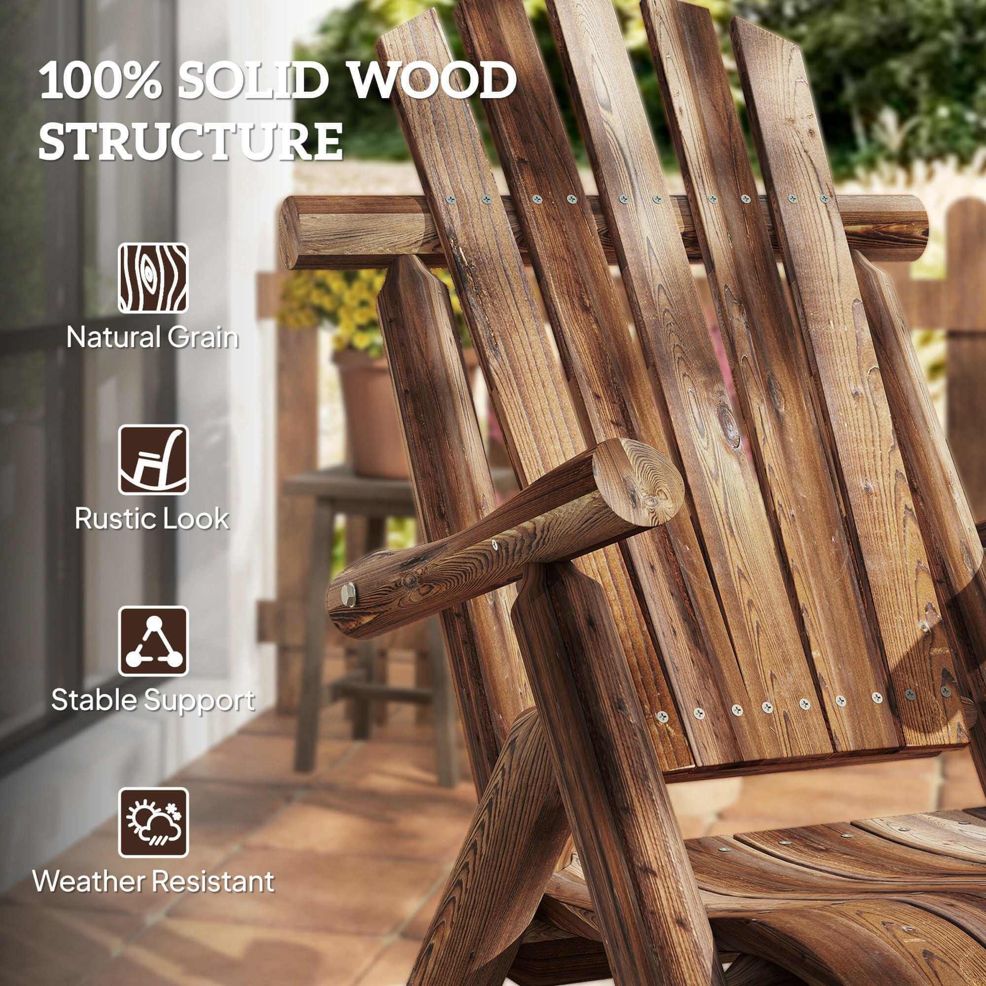 Carbonized fir wood outdoor wooden rocking chair with rustic Adirondack design and slatted seat and backrest