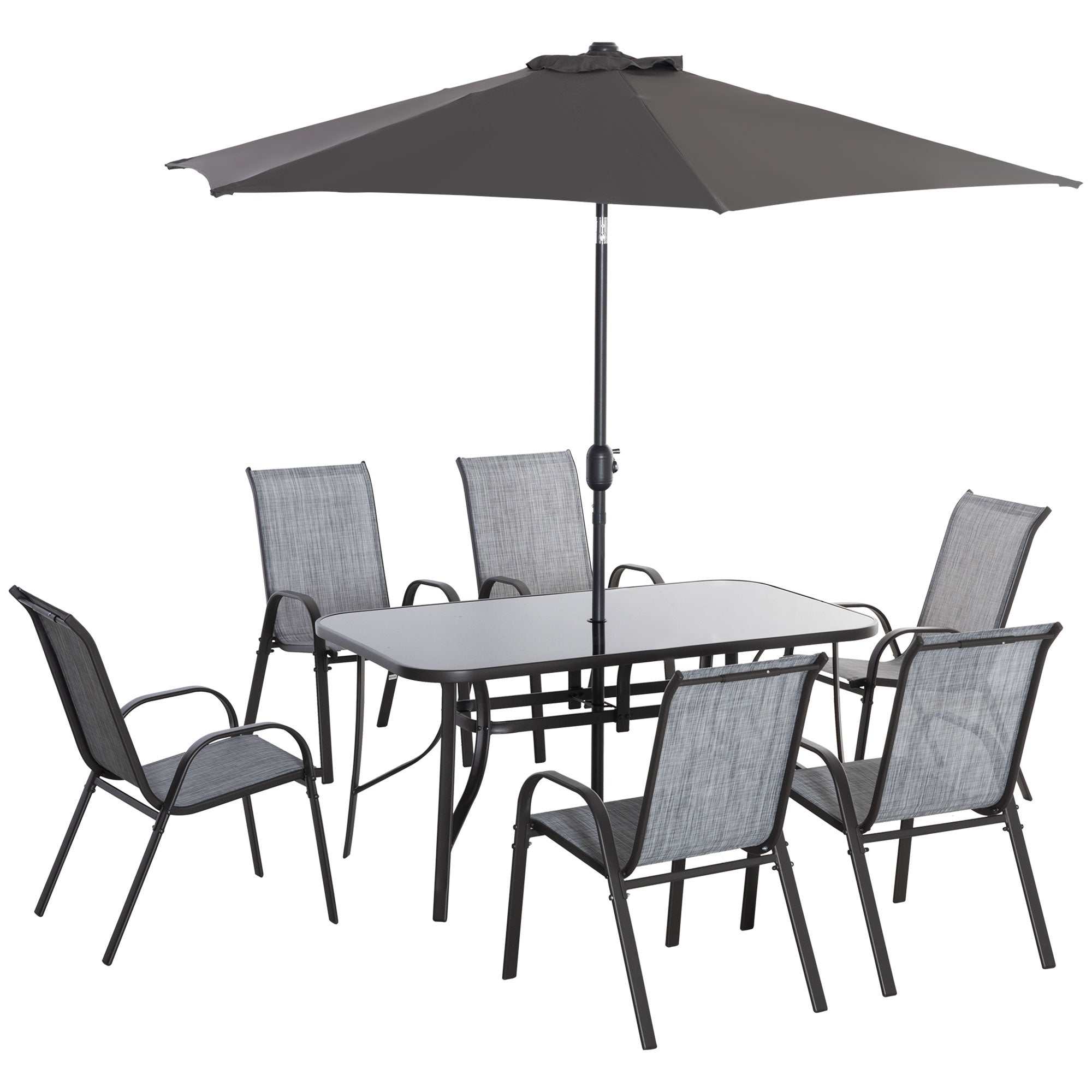 8-piece gray patio furniture set with tempered glass table, 6 mesh chairs, and 9ft push-button tilt umbrella