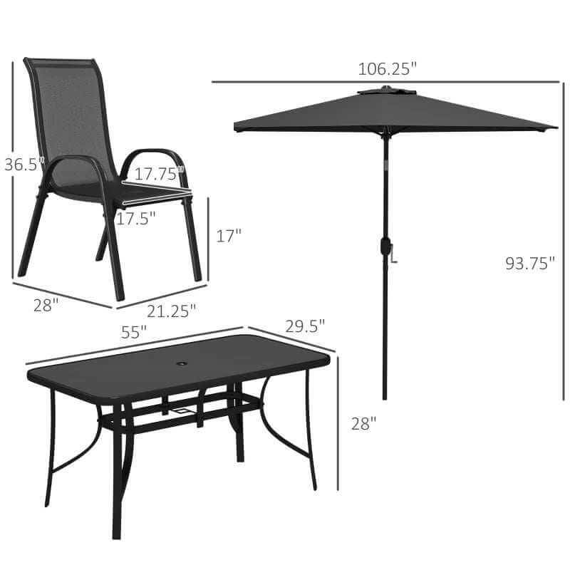 Black 8-piece patio furniture set with dining table, six chairs, and 9ft umbrella for outdoor use