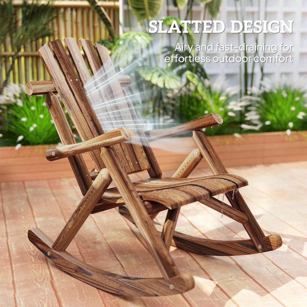 Carbonized outdoor wooden Adirondack rocking chair with rustic high back and slatted seat