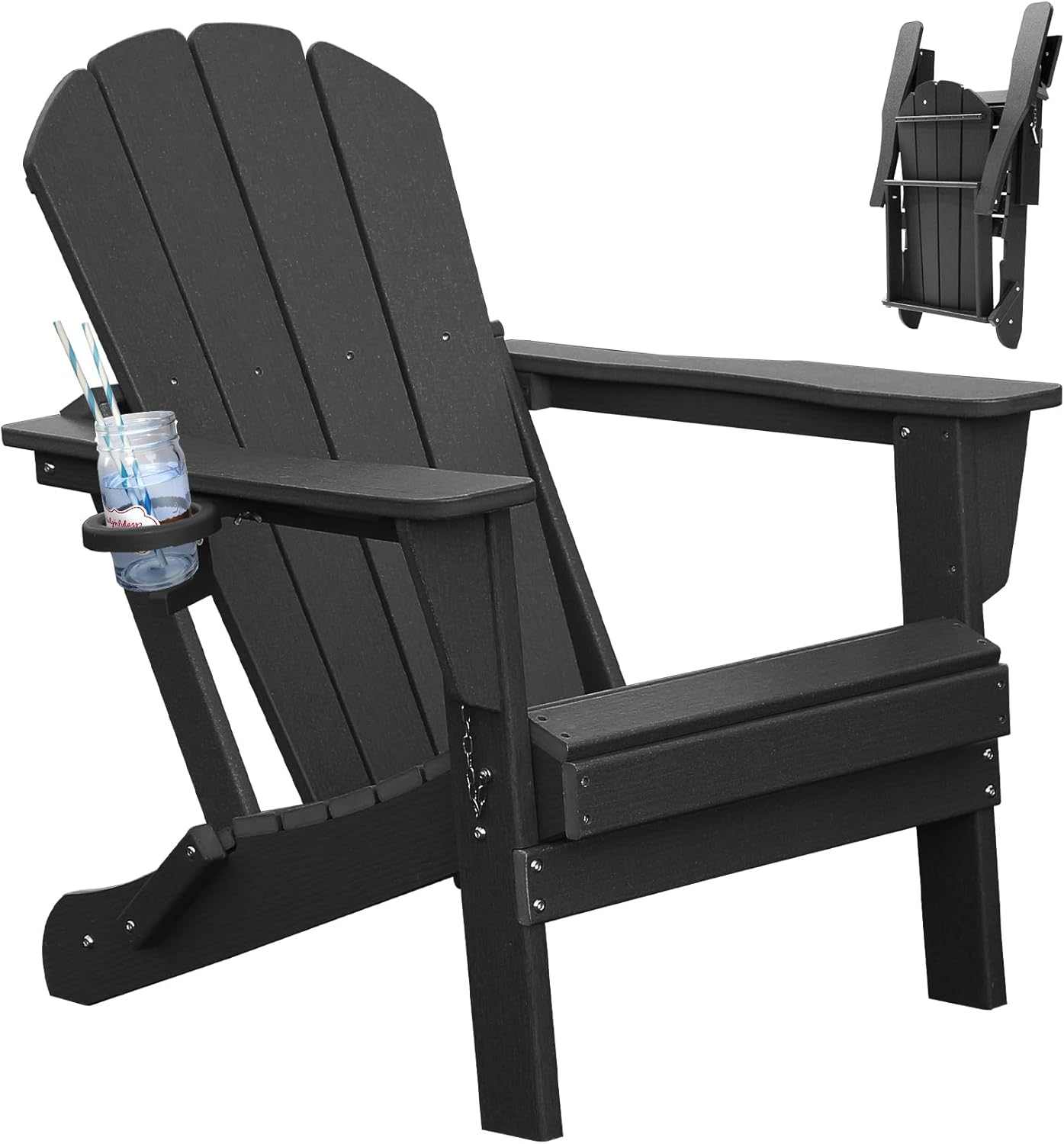 Black foldable Adirondack Chair made of durable HDPE with cup holder for outdoor patio lawn deck