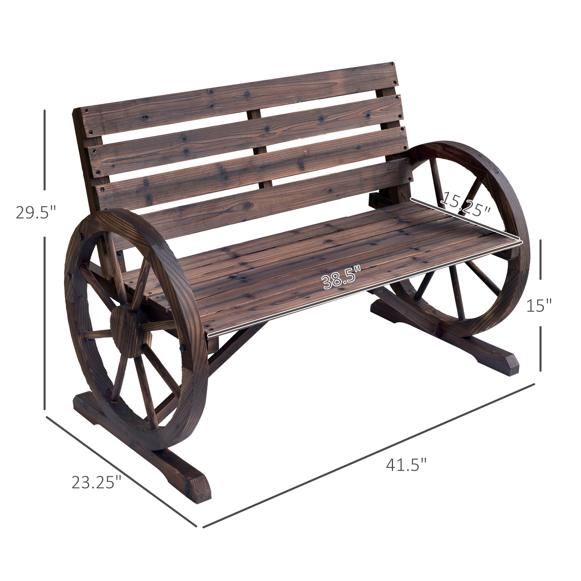 41" wooden wagon wheel bench with rustic fir wood, slatted seat, and unique wagon wheel armrests for outdoor patio seating