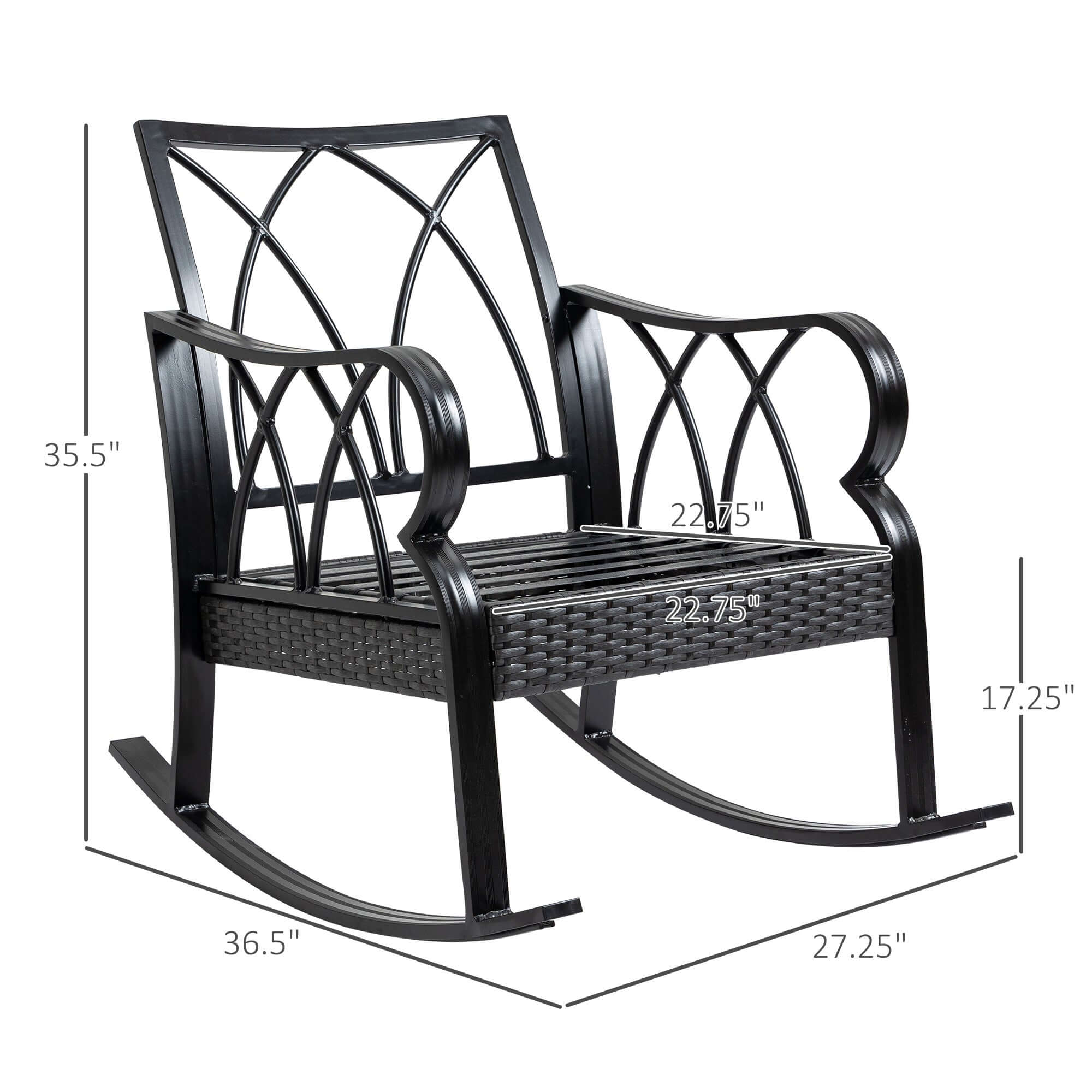 Gray outdoor wicker rocking chair with padded cushions and aluminum frame for patio and garden