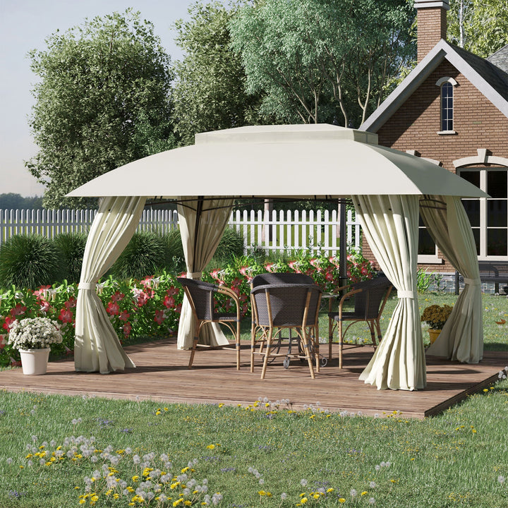 10x13 outdoor gazebo patio canopy with beige steel frame and polyester fabric, two-tier vented roof, and sidewall curtains