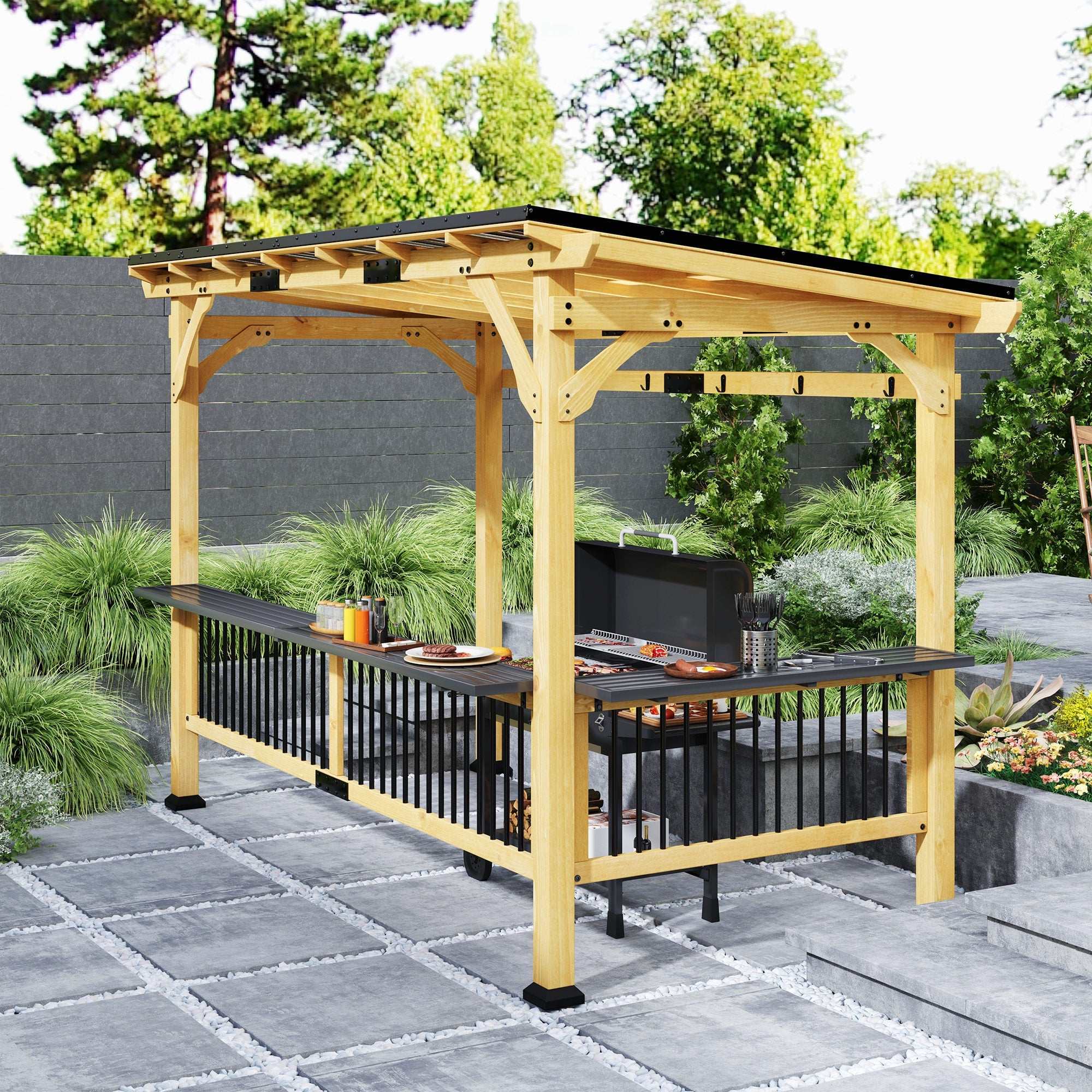 13 X 6 Wooden BBQ Grill Gazebo, Outdoor Hardtop Grill Gazebo With Metal Roof, 2 Bar Shelves And 6 Hooks, Natural Backyard Brillance