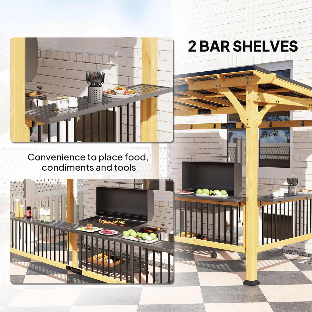 13 X 6 Wooden BBQ Grill Gazebo, Outdoor Hardtop Grill Gazebo With Metal Roof, 2 Bar Shelves And 6 Hooks, Natural Backyard Brillance