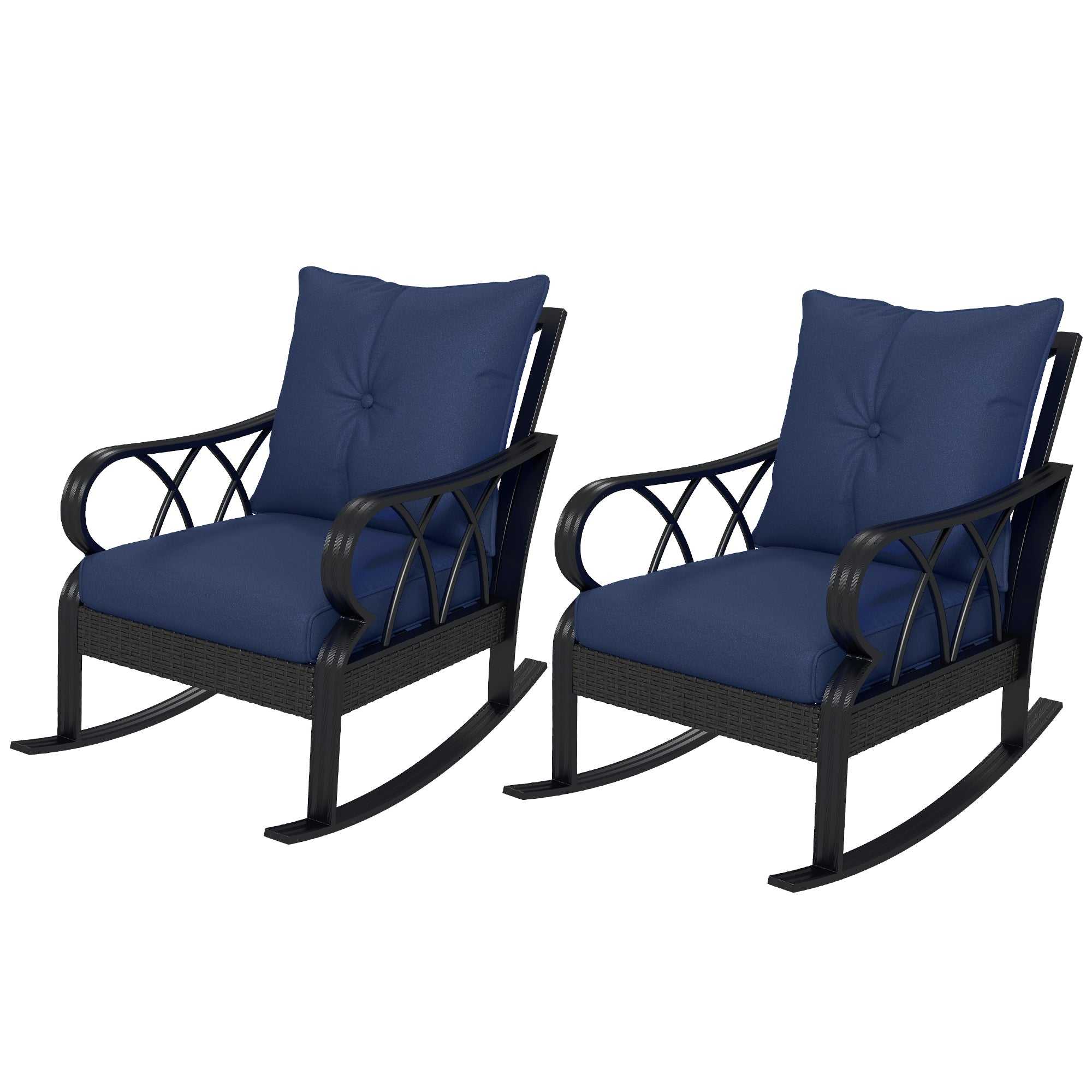 Two-piece blue outdoor wicker rocking chairs with cushions and aluminum frame for patio and garden