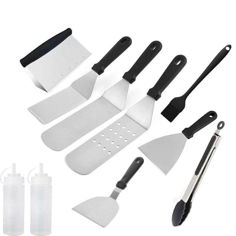 Multifunctional stainless steel outdoor barbecue tools set with cooking shovel and sauce bottle