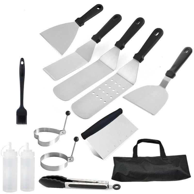 Multifunctional stainless steel outdoor barbecue tools set with cooking shovel and sauce bottle