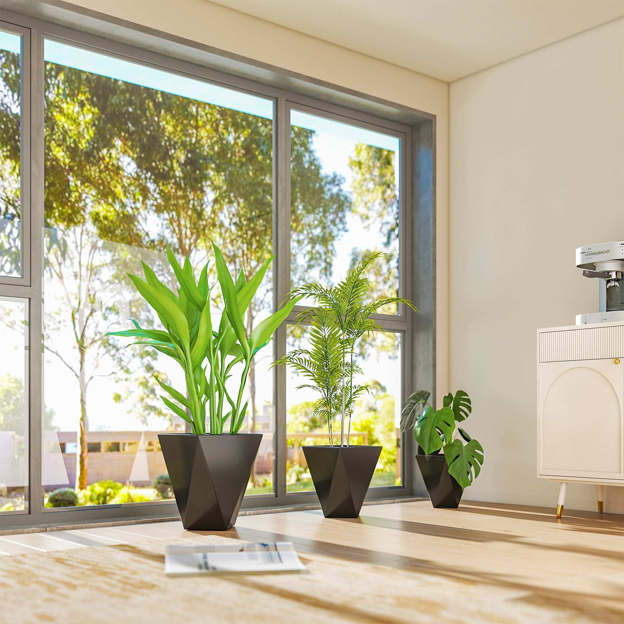 Set of 3 stackable black indoor outdoor planters with drainage holes made of painted magnesium oxide