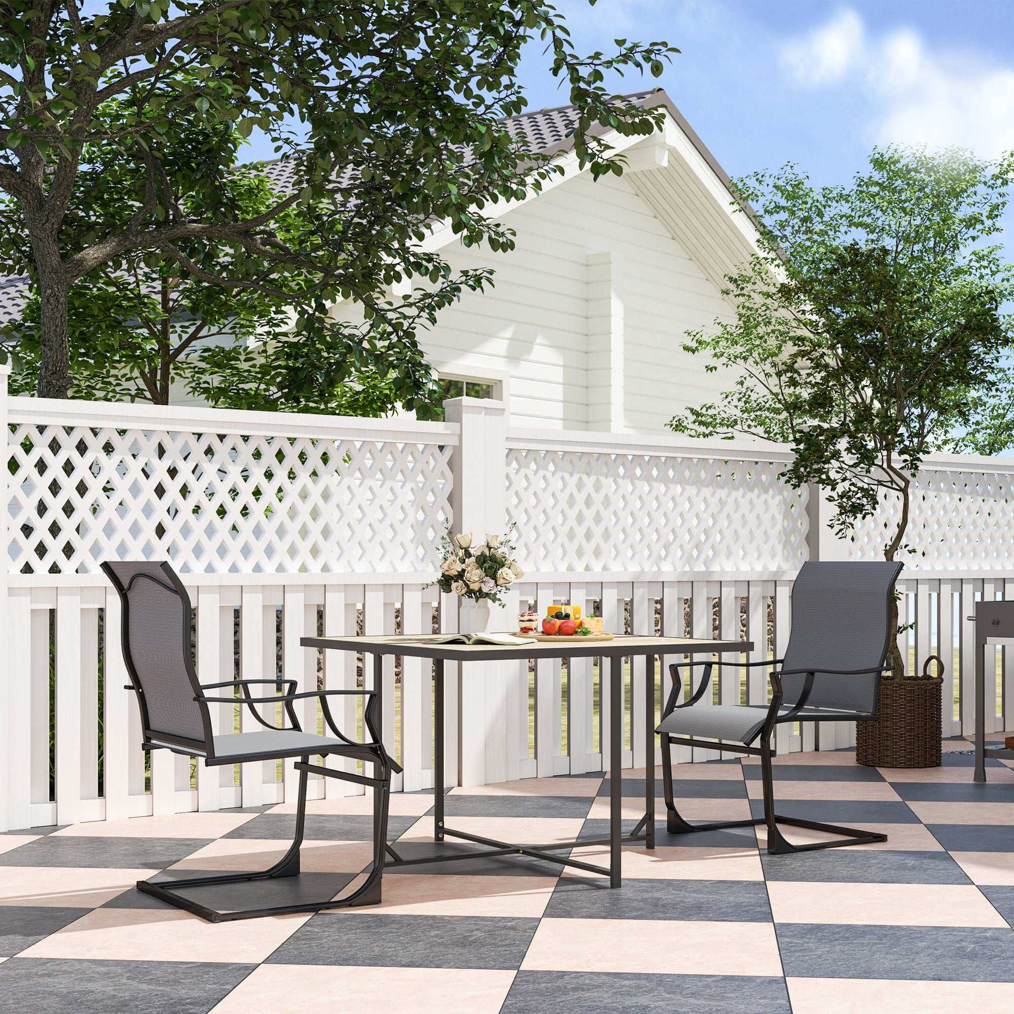 Patio Dining Chairs Set Of 2 With High Backrest, Armrest, Breathable Fabric & Metal Frame, 256LBS, Light Gray Backyard Brillance