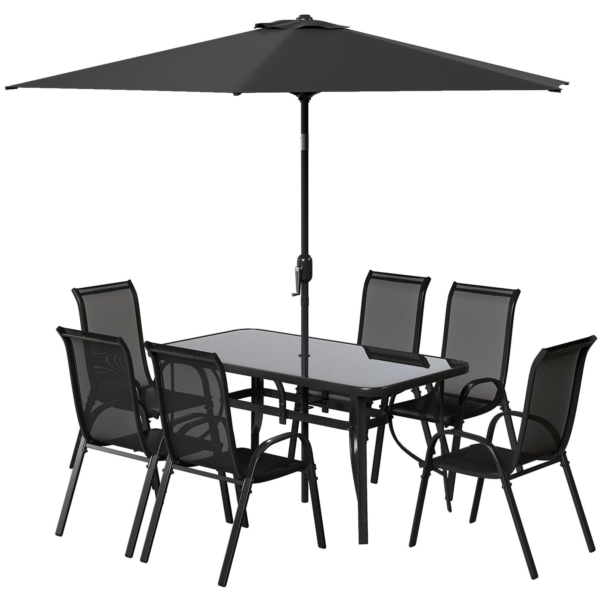 Black 8-piece patio furniture set with tempered glass dining table, six mesh chairs, and 9ft adjustable umbrella