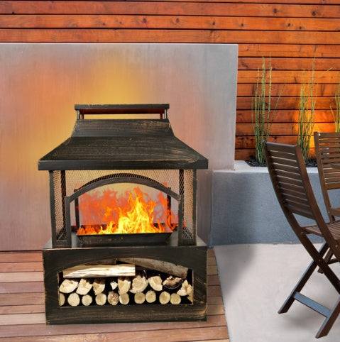37 Inch Rectangular Metal Outdoor Wood Burning Fireplace - Outdoor Fireplace With Built-in Log Storage & Brush Stick For Log Burner Fire Pit In Patio Garden & Backyard Backyard Brillance