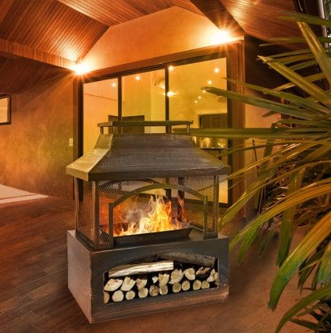 37 Inch Rectangular Metal Outdoor Wood Burning Fireplace - Outdoor Fireplace With Built-in Log Storage & Brush Stick For Log Burner Fire Pit In Patio Garden & Backyard Backyard Brillance