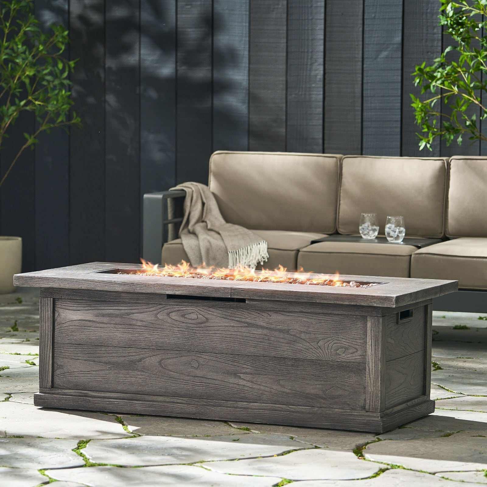Patio Fire Pit Rectangular Wood Finish MGO Fire Table - 50,000 BT, Grey Backyard Brillance