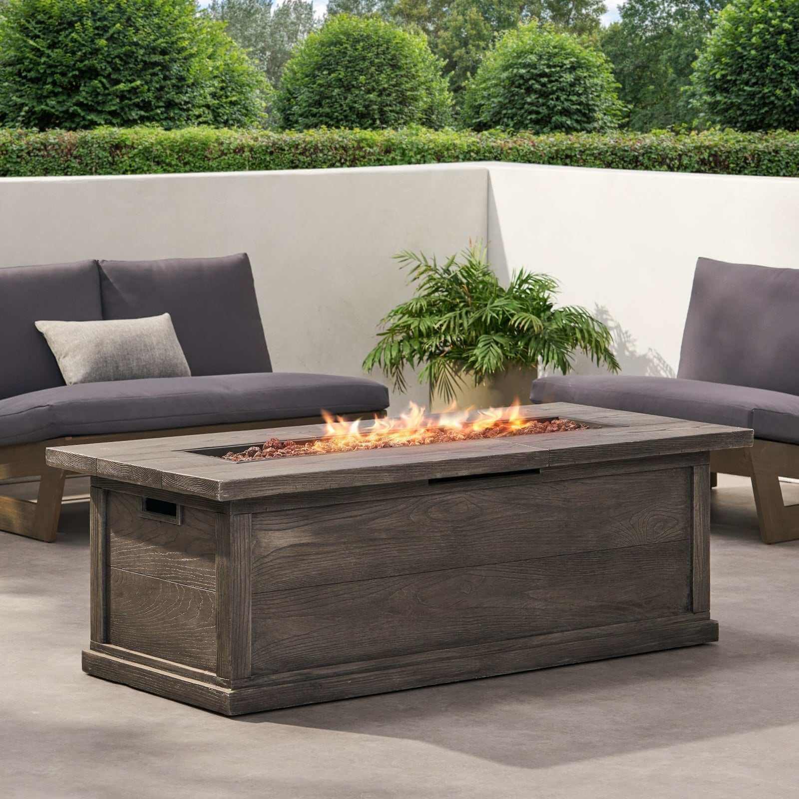 Patio Fire Pit Rectangular Wood Finish MGO Fire Table - 50,000 BT, Grey Backyard Brillance