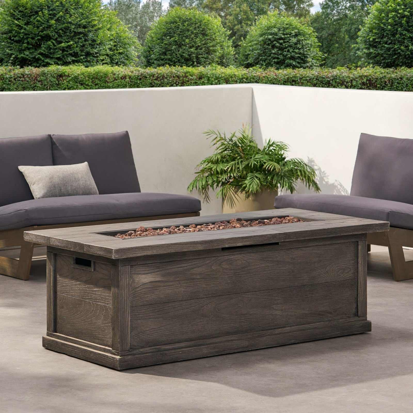 Patio Fire Pit Rectangular Wood Finish MGO Fire Table - 50,000 BT, Grey Backyard Brillance