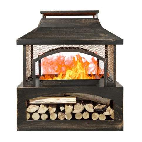 37 inch rectangular metal outdoor wood burning fireplace with built-in log storage and mesh screen for patio backyard use