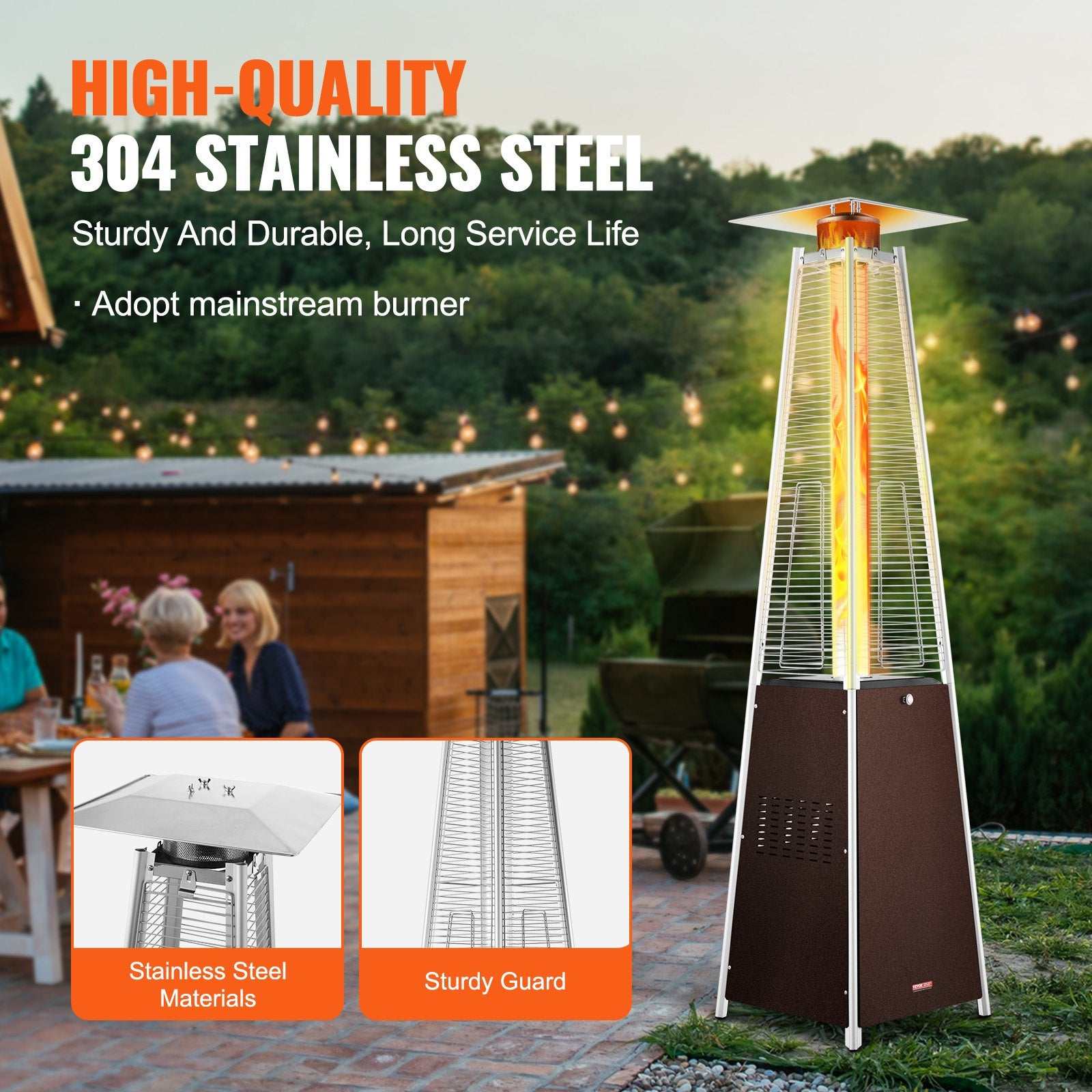 Bronze propane patio heater with wheels and pyramid design providing 48000 BTU outdoor heat