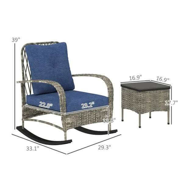 Gray and brown rattan chaise lounge with cushions and matching wicker patio side table with dimensions