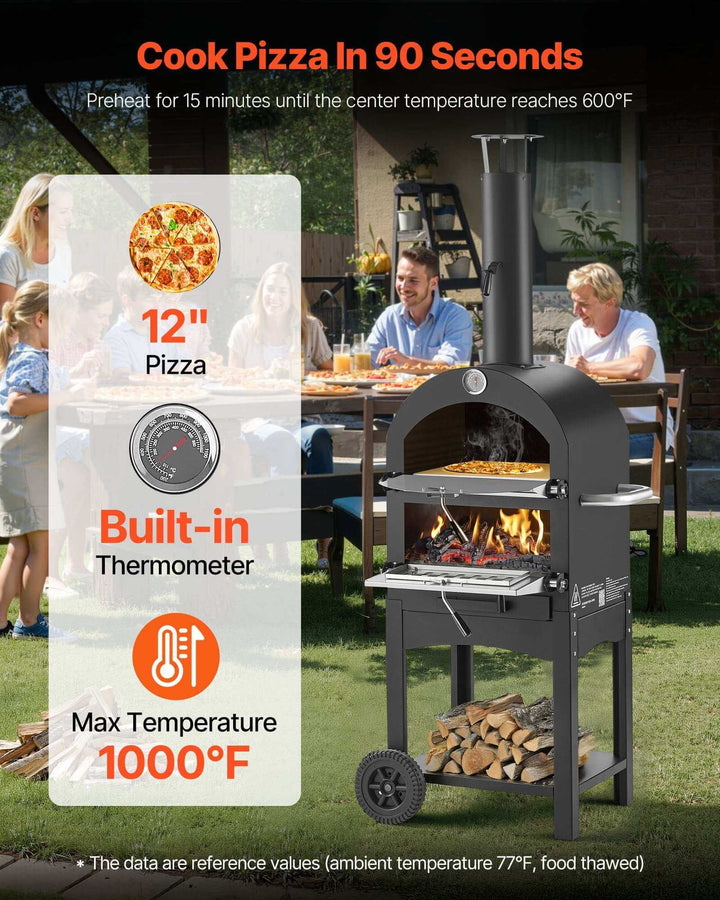12" portable wood-fired pizza oven with wheels and built-in thermometer for outdoor cooking