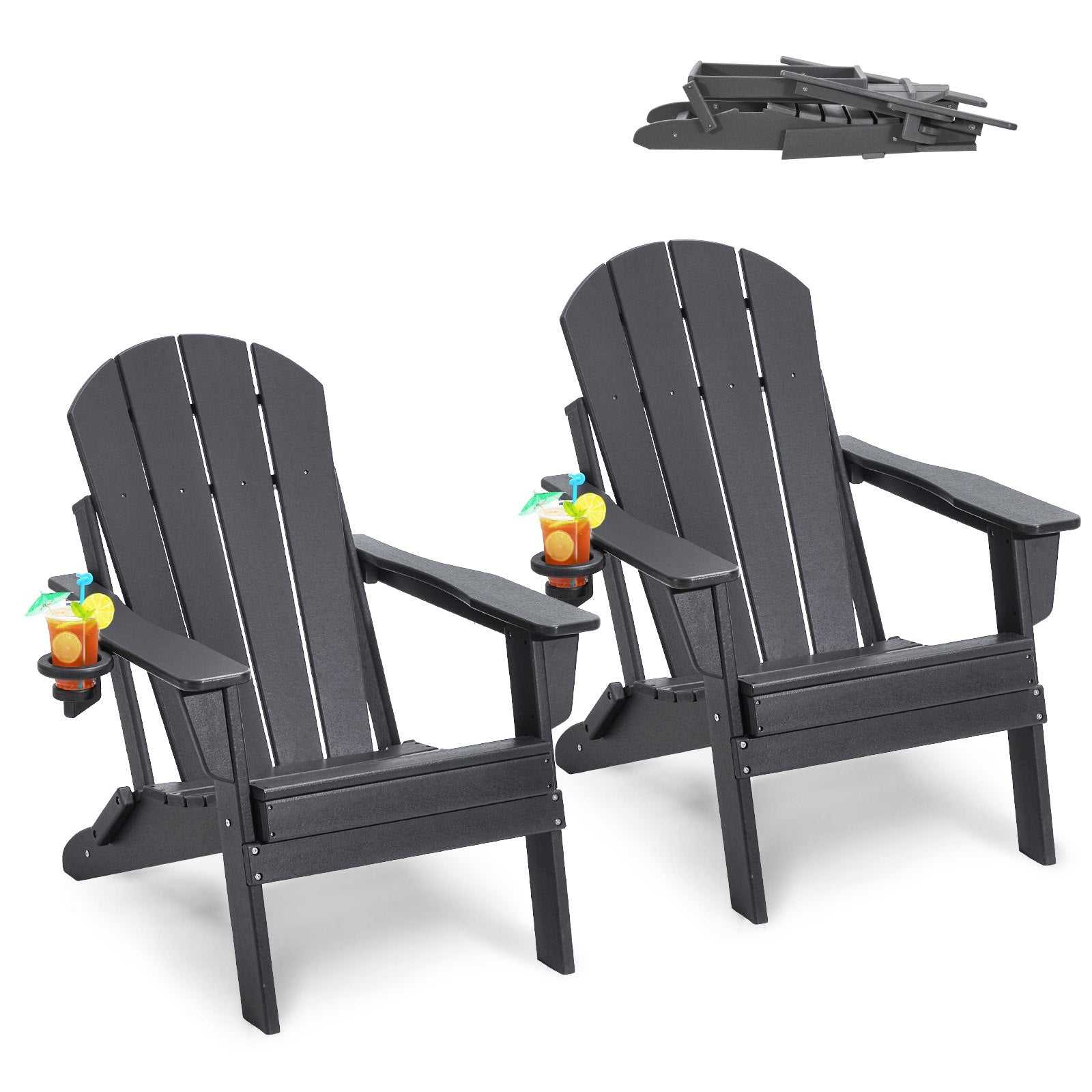 Set of 2 gray foldable Adirondack chairs made of all-weather HDPE plastic for outdoor fire pit and patio use