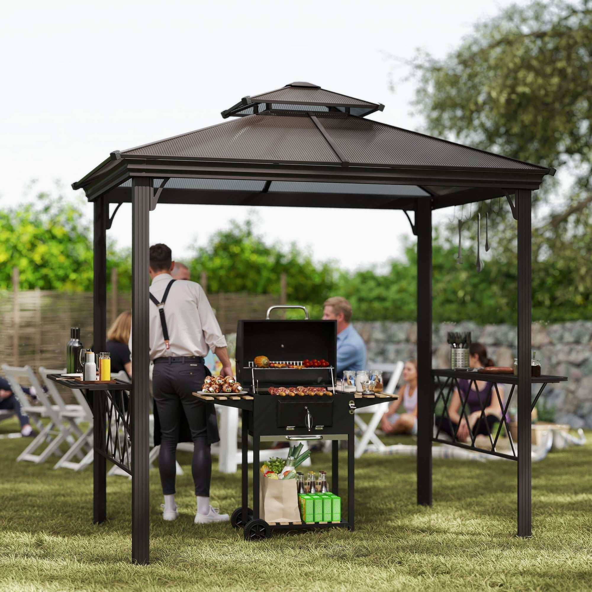 Outside Porch BBQ Cooking Pergola Canopy With 6 Hooks For Utensils And Double Venting Roof, Coffee Backyard Brillance