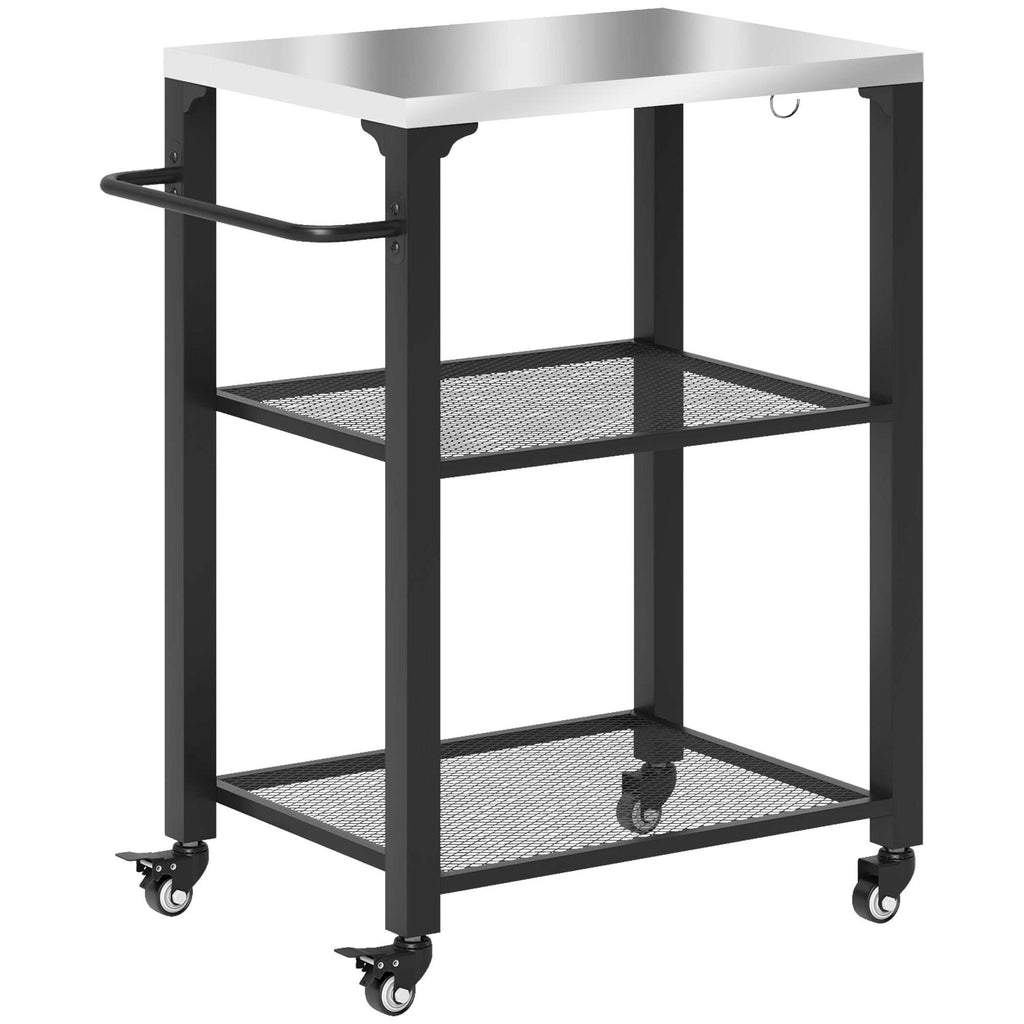 3-shelf stainless steel outdoor grill cart with hooks, side handle, and wheels for mobile cooking station