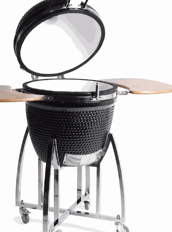 21 Inch Charcoal Kamado ceramic BBQ grill with open lid and side wooden shelves on stainless steel stand