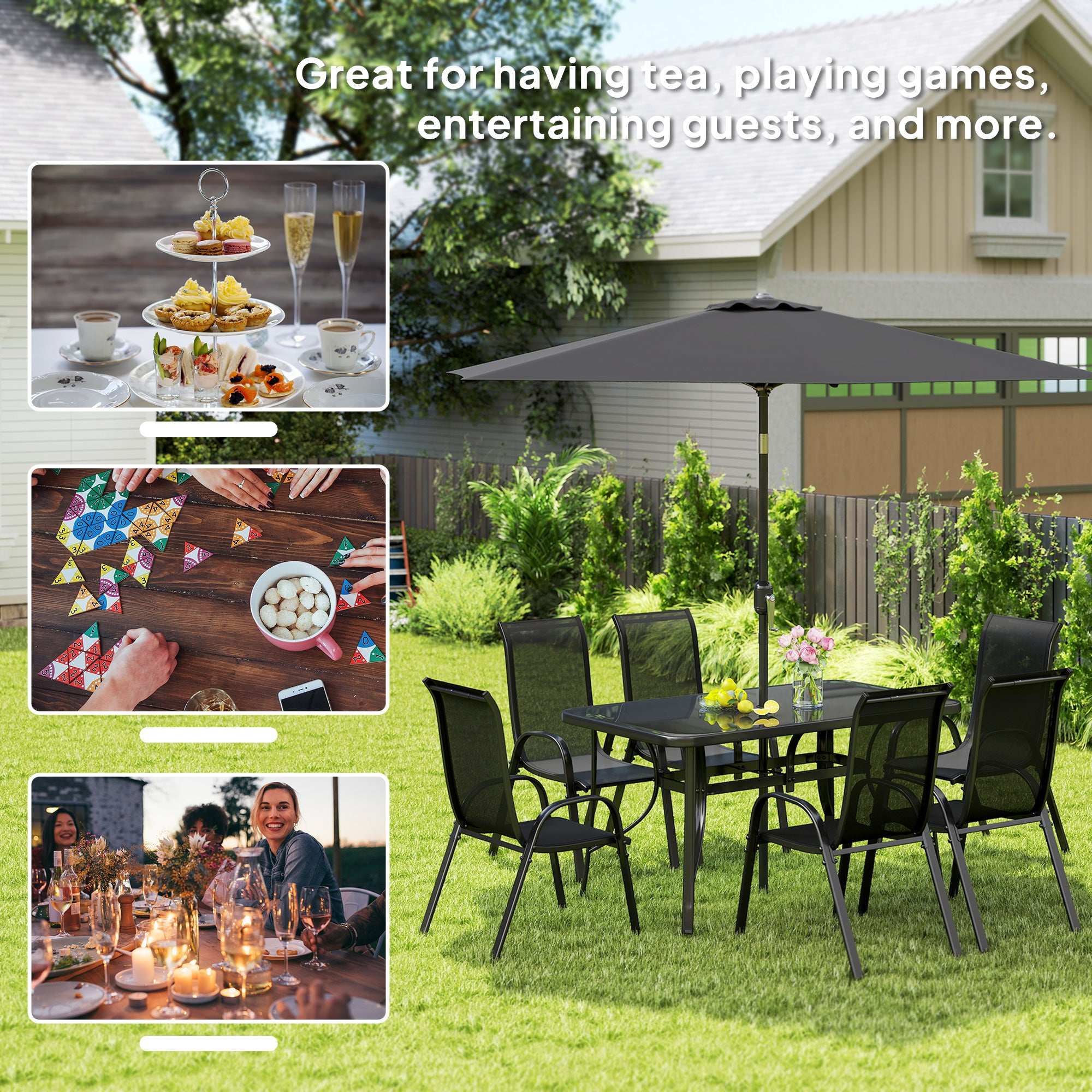 Black 8-piece patio furniture set with 9ft umbrella, outdoor dining table, and six breathable mesh chairs