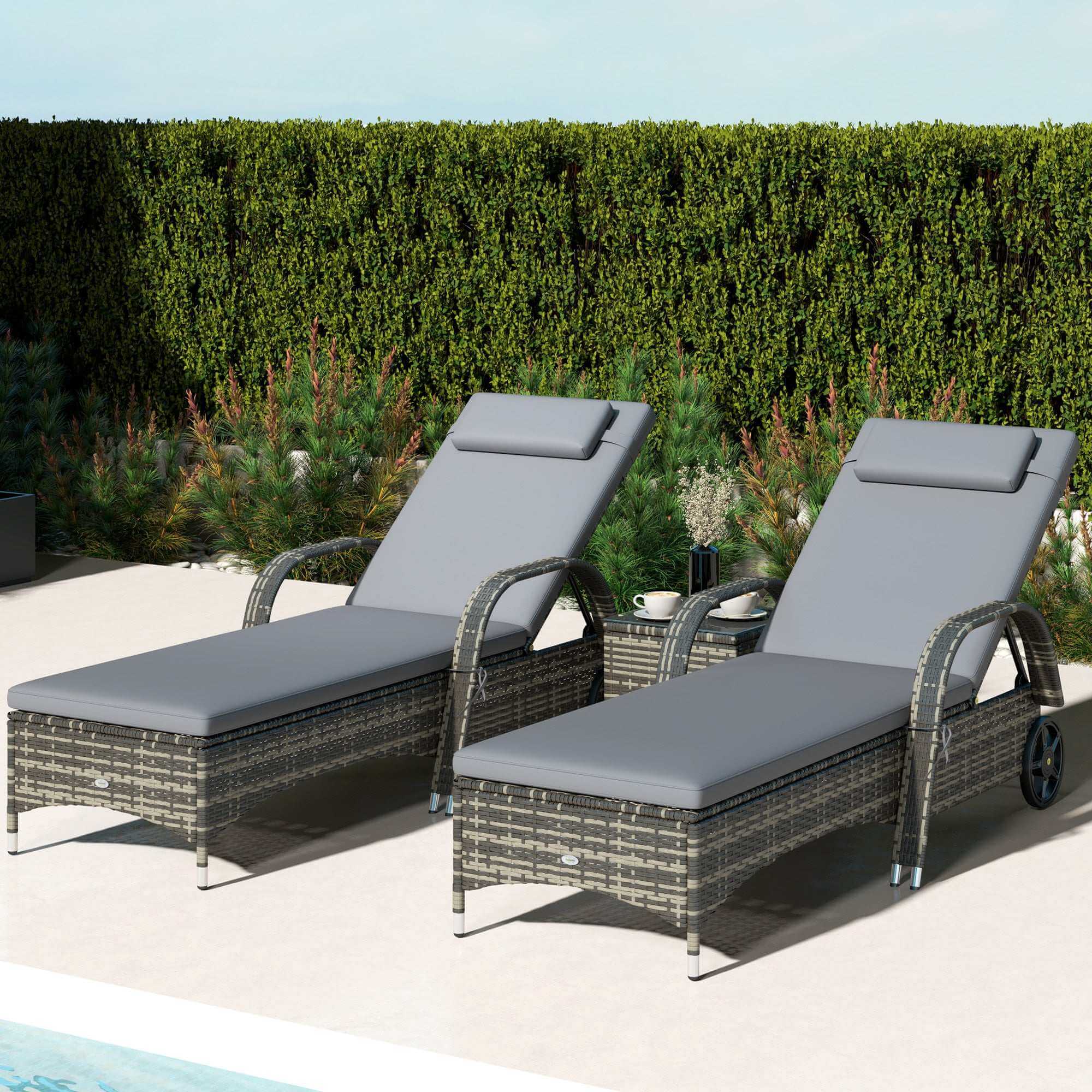 Patio Wicker Chaise Lounge Chair Set Of 2 With Table, Adjustable Backrest, Wheels, Cushion & Headrest, Gray Backyard Brillance