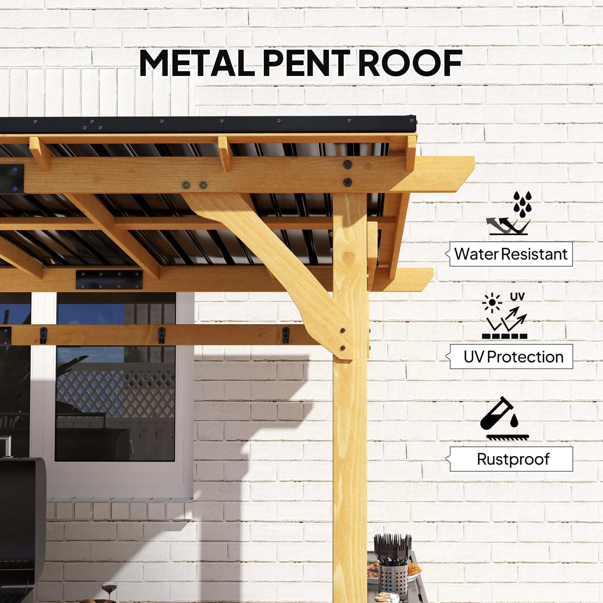 13 X 6 Wooden BBQ Grill Gazebo, Outdoor Hardtop Grill Gazebo With Metal Roof, 2 Bar Shelves And 6 Hooks, Natural Backyard Brillance