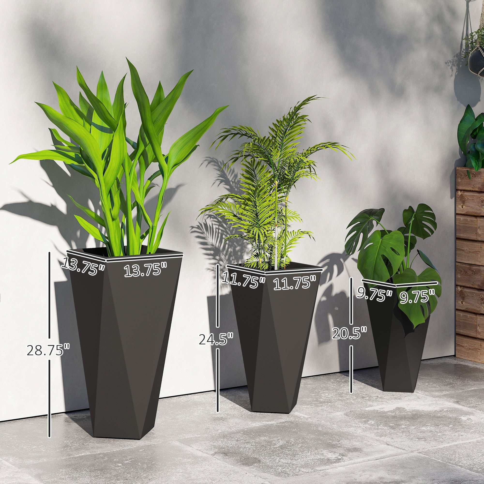 Set of 3 black indoor outdoor tall magnesium oxide planters with drainage holes and stackable design