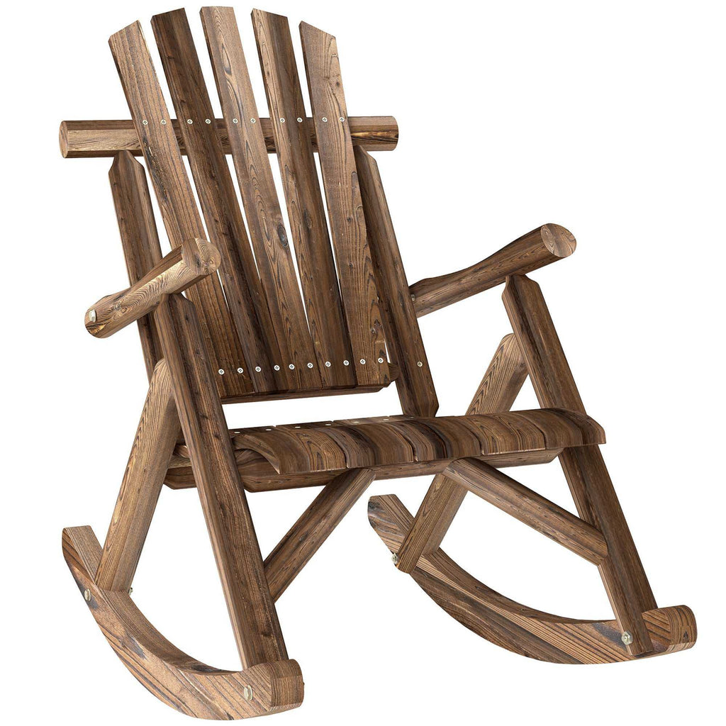 Carbonized outdoor wooden Adirondack rocking chair with rustic high back and slatted seat for patios and gardens