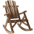 Carbonized outdoor wooden Adirondack rocking chair with rustic high back and slatted seat for patios and gardens