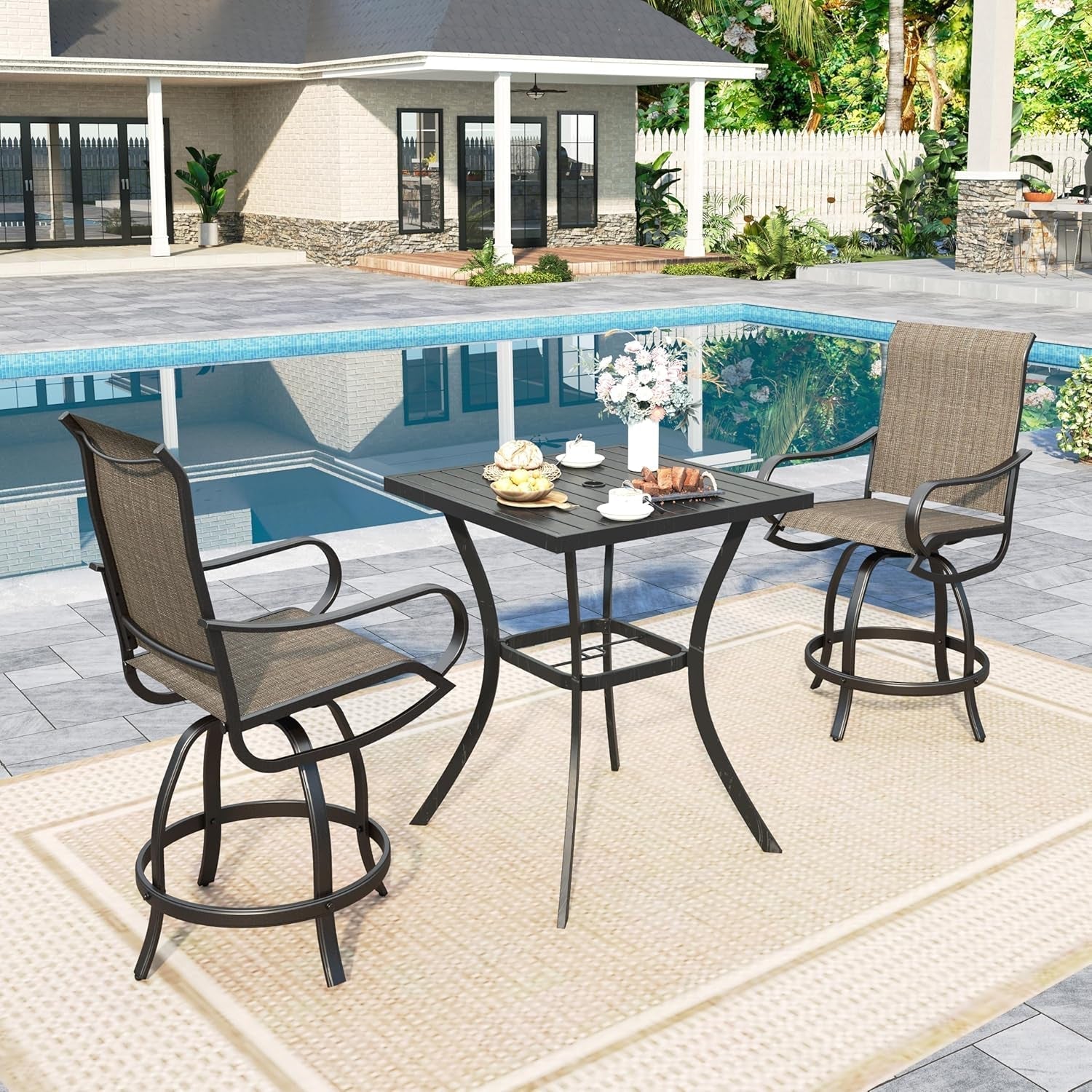 Counter Height Outdoor Bar Set With 2 Swivel Chairs ShipItFurniture