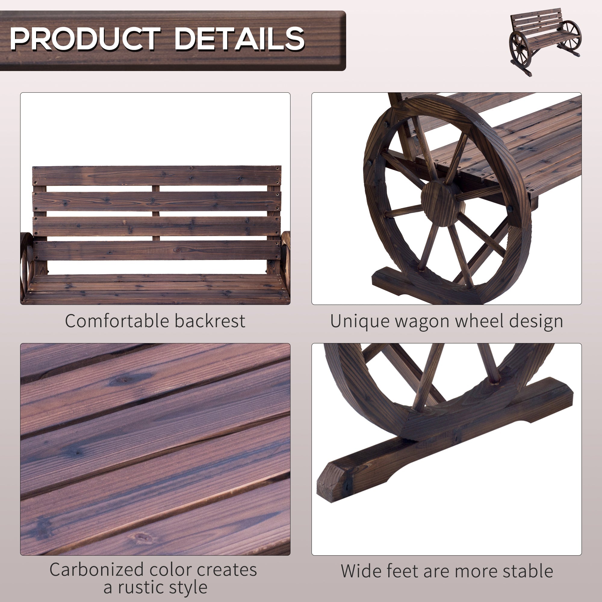 41" Rustic wooden wagon wheel bench with carbonized fir wood, slatted seat, and backrest for two-person outdoor patio seating