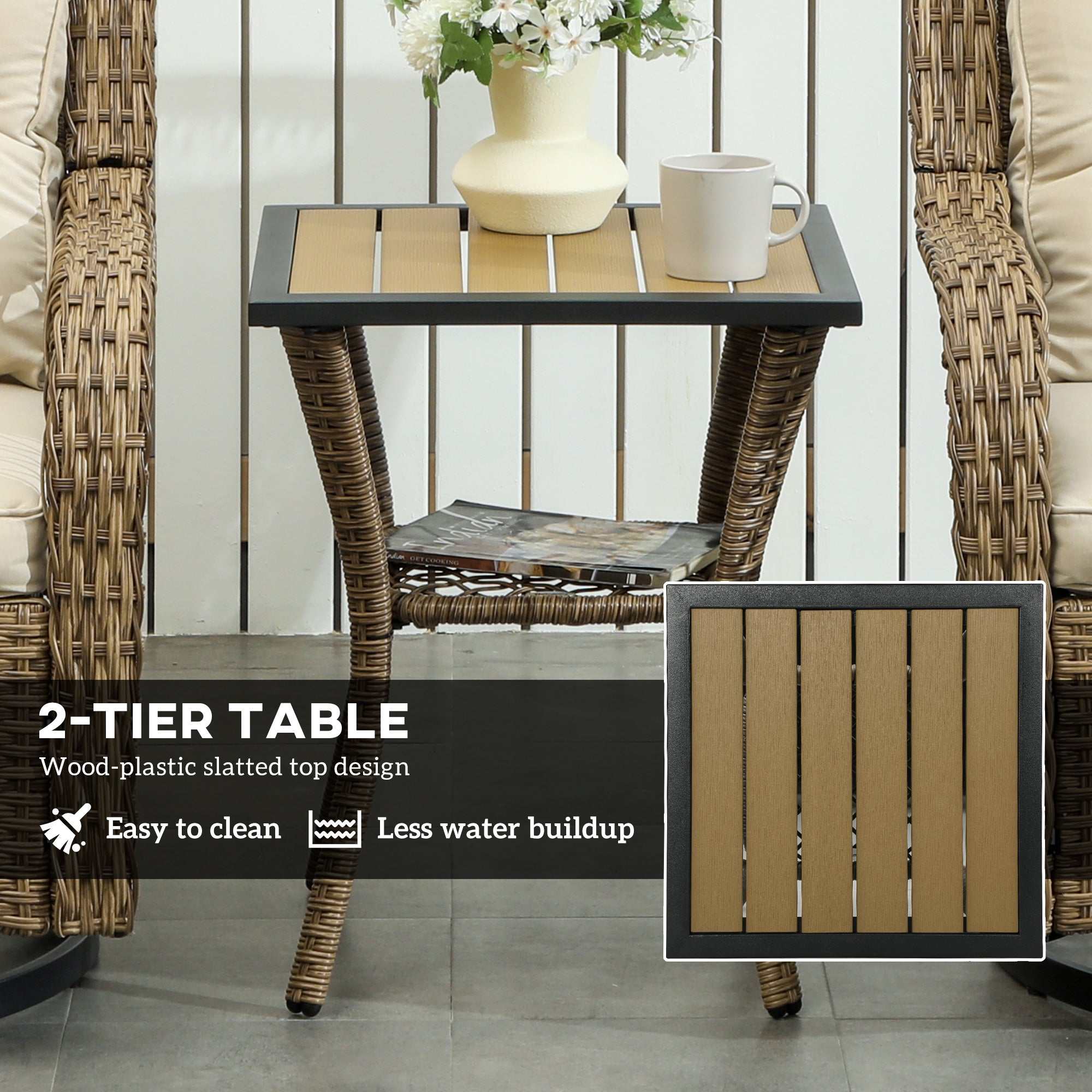 3 piece outdoor bistro set with swivel glider chairs and two-tier table in natural beige for balcony and porch