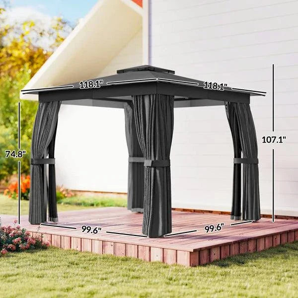 Black steel patio gazebo with double-tier UPF30+ polyester roof, curtains, and mesh netting for ventilation and privacy