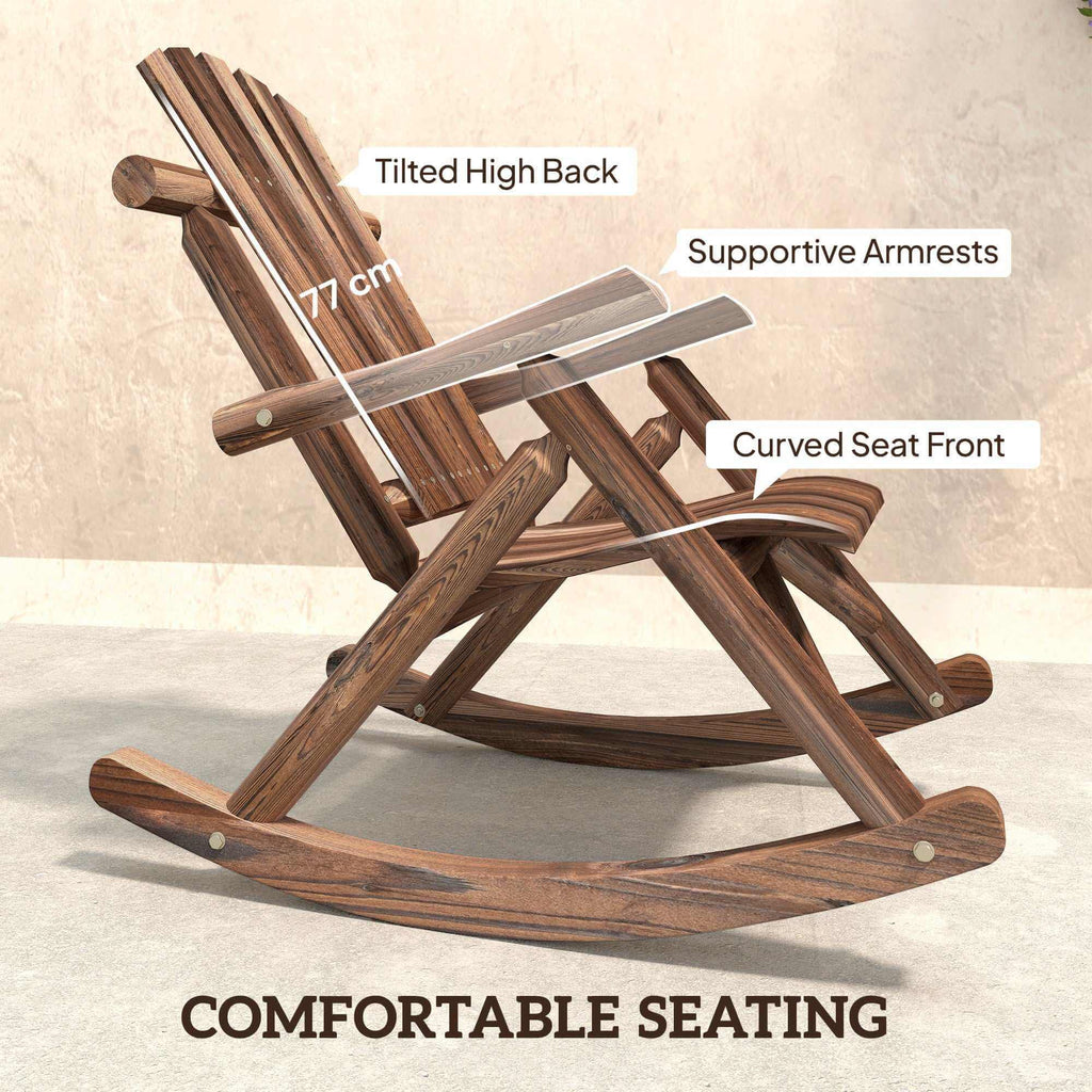 Carbonized fir wood outdoor wooden rocking chair with rustic high back and slatted seat