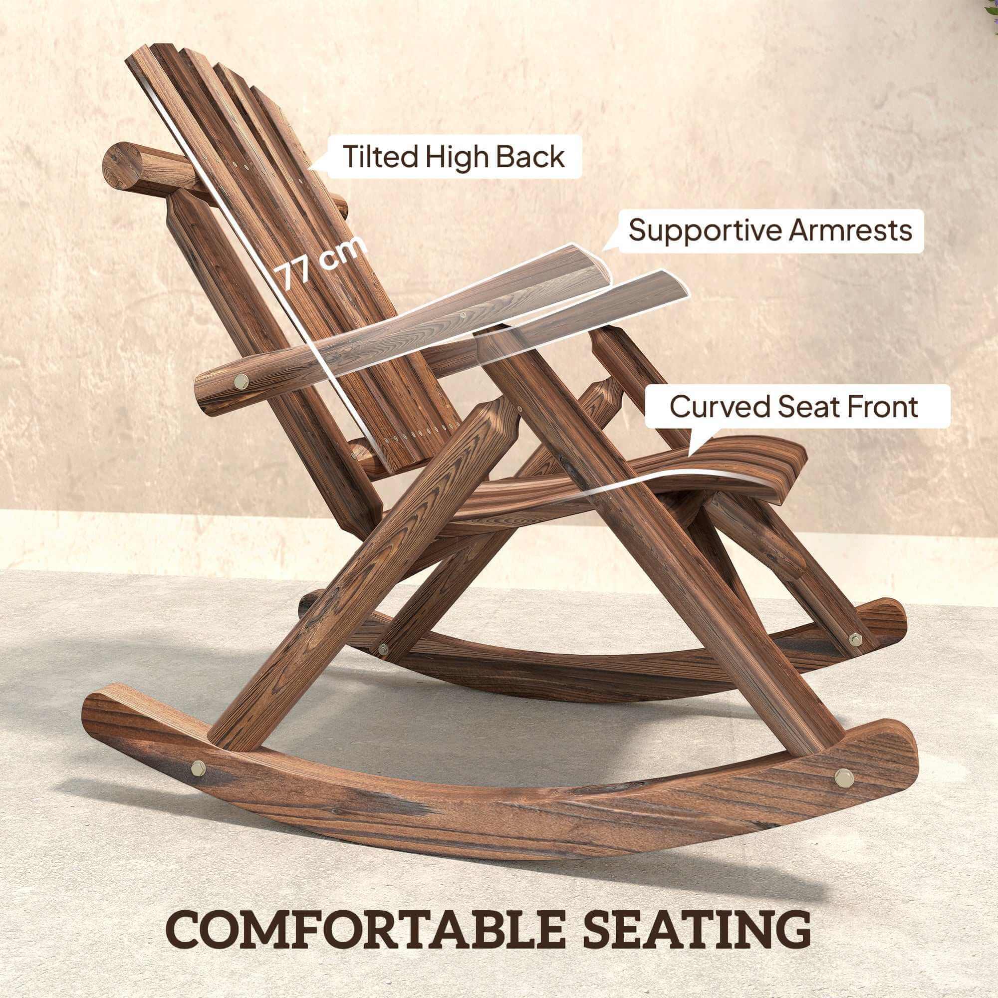 Carbonized fir wood outdoor wooden rocking chair with rustic high back and slatted seat