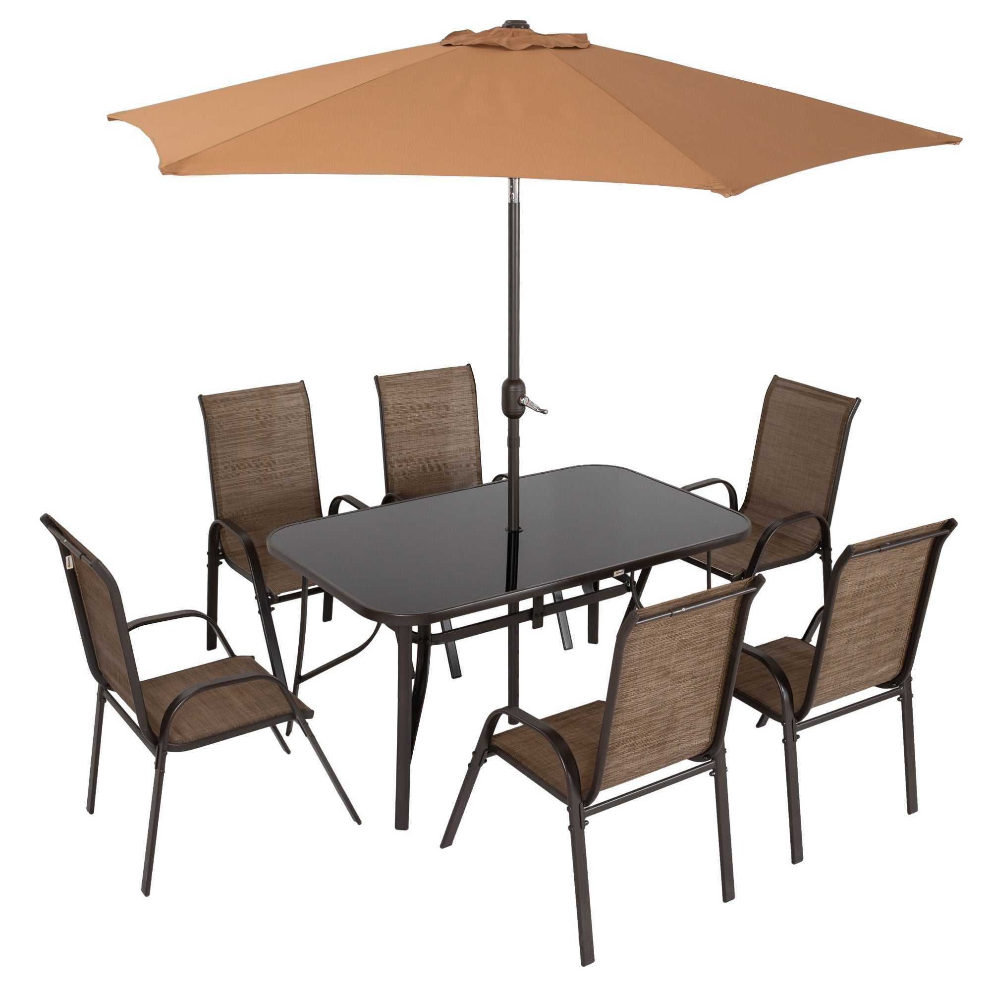 8-piece patio furniture set with 6 chairs, tempered glass dining table, and 9ft beige umbrella in light mixed brown color