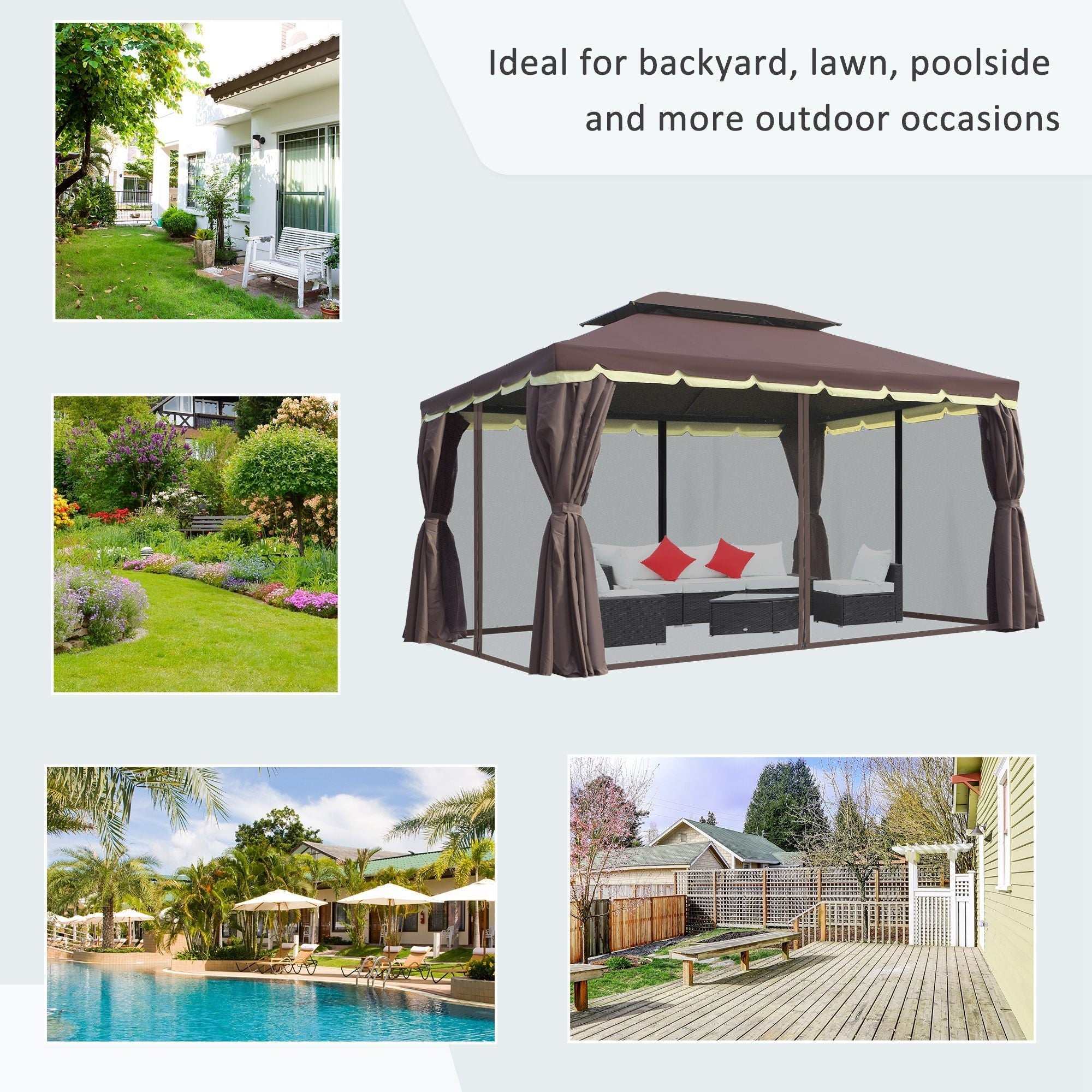 10x13 Aluminum Gazebo Patio Canopy  Outdoor Shelter With Double Roof, Netting & Curtains Backyard Brillance