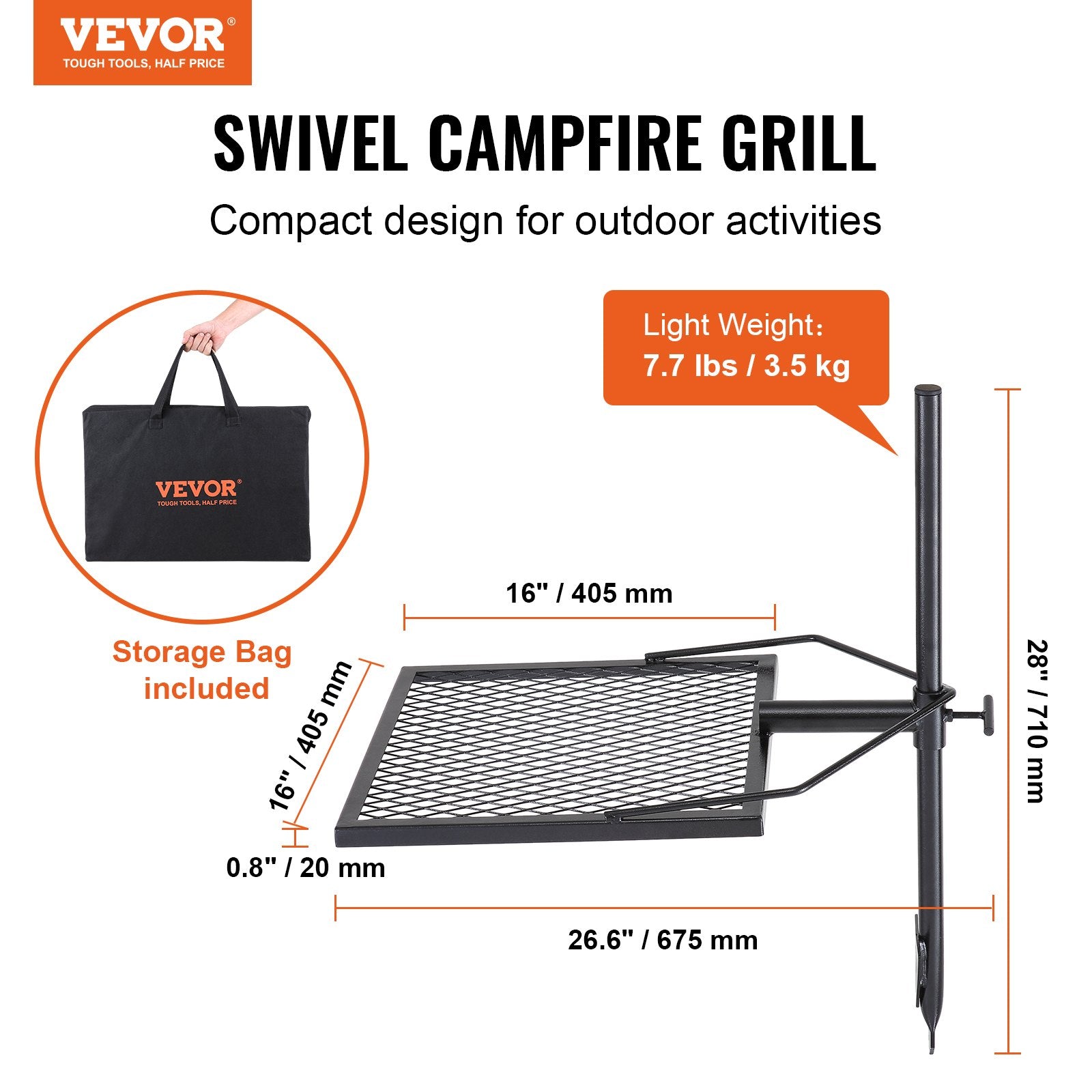 VEVOR Swivel Campfire Grill, Fire Pit Grill Grate Over Fire Pits, Heavy Duty Steel Grill Grates, 360Adjustable Open Fire Outdoor Cooking Equipment, Portable Camp Fire Racks For Camping Outdoor BBQ Backyard Brillance