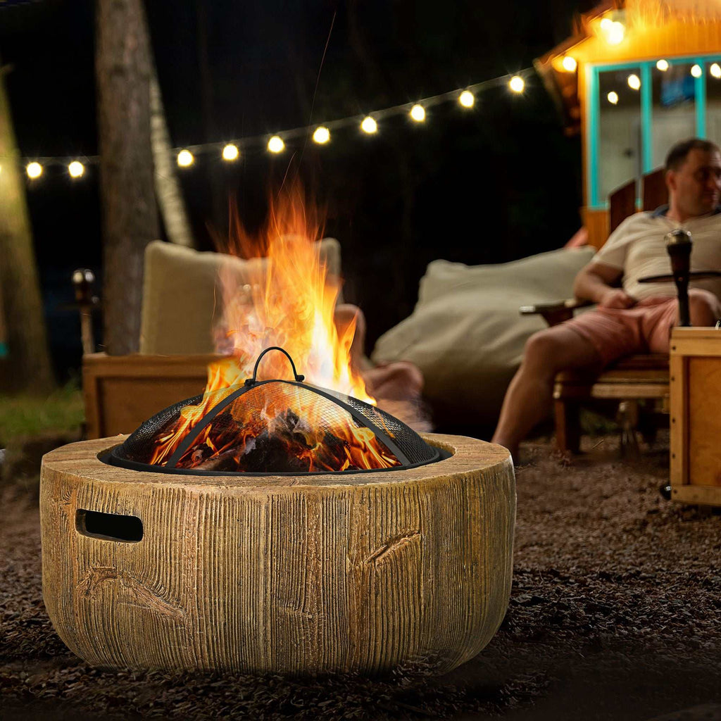 Light brown 24-inch metal outdoor fire pit with woodgrain design, spark cover, and poker for backyard and patio use